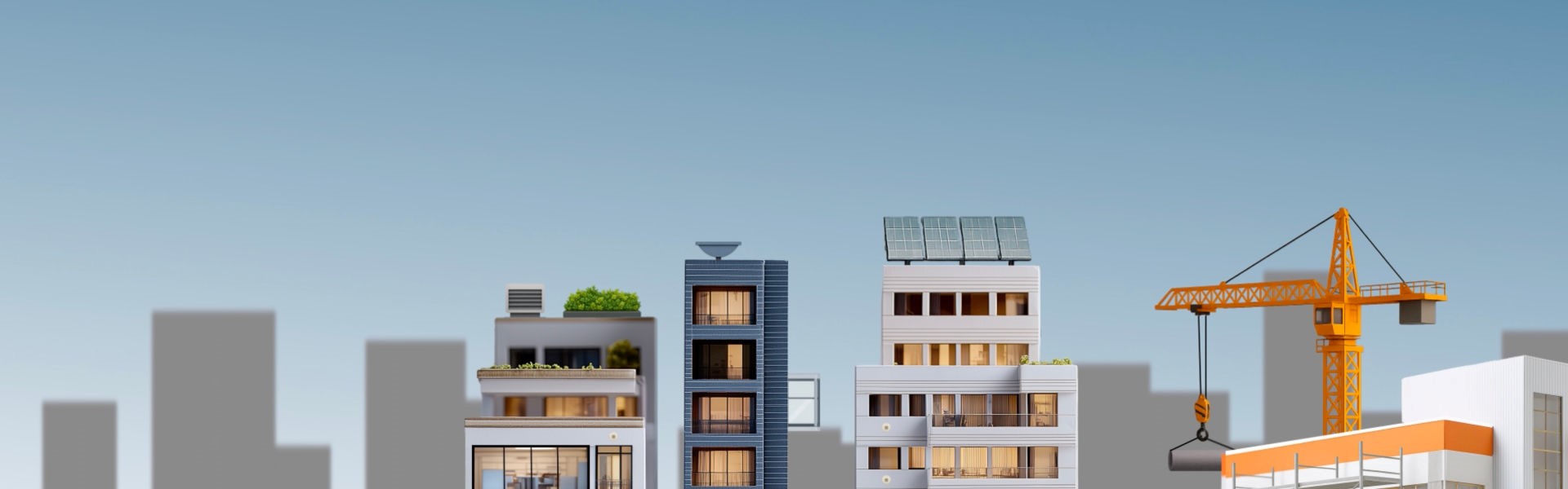 Illustration av bostadsområde med solpaneler och byggkran för nyproduktion.