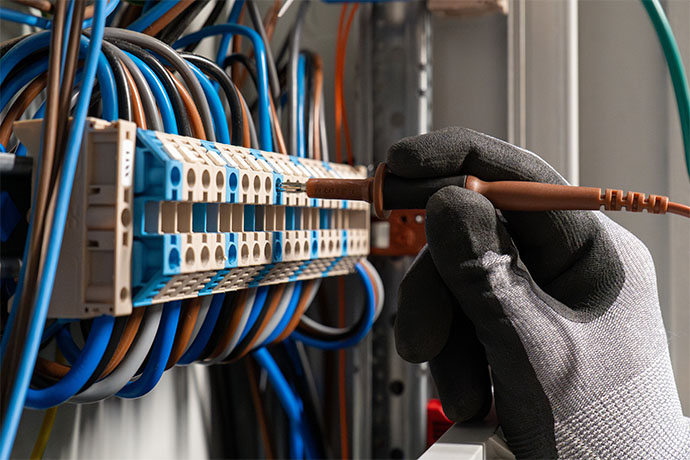 Bilden visar en närbild på en elektrisk kopplingspanel. En person med skyddshandske ansluter eller hanterar en kabel.