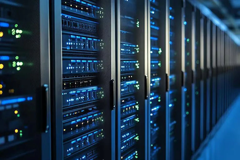 Rad av serverrack i datacenter med blå LED‑lampor, i klimatkontrollerad miljö för stabil drift och lagring.